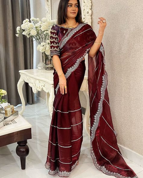 Catalog No: 14283 🥰 Fabric: NR: 1415/- Fabric: Saree : Jimmy Choo , Blouse : Jimmy Choo 💃Follow For More Updates💃 –––––––––––––––––––––– 👉@fashionfilmi 👈 –––––––––––––––––––––– . Whatsapp +91 7016553642 . . HOW TO BOOK? ➡️Direct Message Whatsapp To BOOK YOUR ORDER And For Further Enquiries..!! ➡️For Inquiry In Whatsapp Take Screenshot Of the Pic And Send Whatsapp ➡️Check Our Page Story And Book Your Order Soon! 🙏Humble Request To DM us for Price And How To Order🙏 _ OUR SERVICE:- 👉We A... Jimmy Choo Saree, Dress Saree, Simple Saree Designs, Reception Lehenga, Fancy Sarees Party Wear, Simple Sarees, Dark Maroon, Designer Kurti, Half Sleeve Blouse