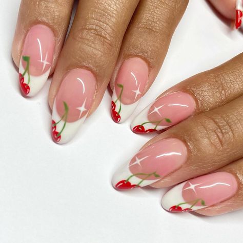 Nails By Sophia on Instagram: “Be the cherry on top 🍒 hand painted french & cherries ♥️ . . #nailsbysophiaf #cherrynails #frenchnails #handpaintednails #largofl #newnails…” Cherry French Tip Nails, Red Cherry Nails, Nail Inspired, Cherry Nail Art, Strawberry Nails, Shape Nails, Cherry Nails, Aesthetic Nails, Almond Shape Nails