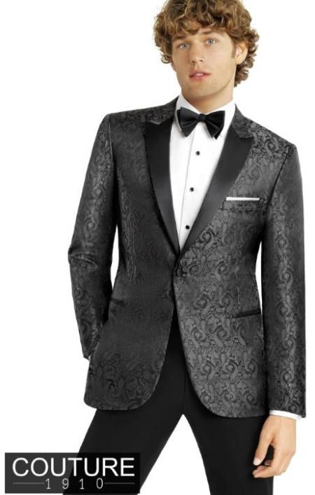 One Front Buttons Single Breasted Peak Lapel Paisley Pattern 2-Piece Set: Includes Jacket & Pants Color: Charcoal Black Paisley Tuxedo, Dark Grey Tuxedo, Paisley Tuxedo, Velvet Dinner Jacket, Pocket Square Styles, Grey Tuxedo, Paisley Jacket, Tuxedo Vest, Classic Tuxedo