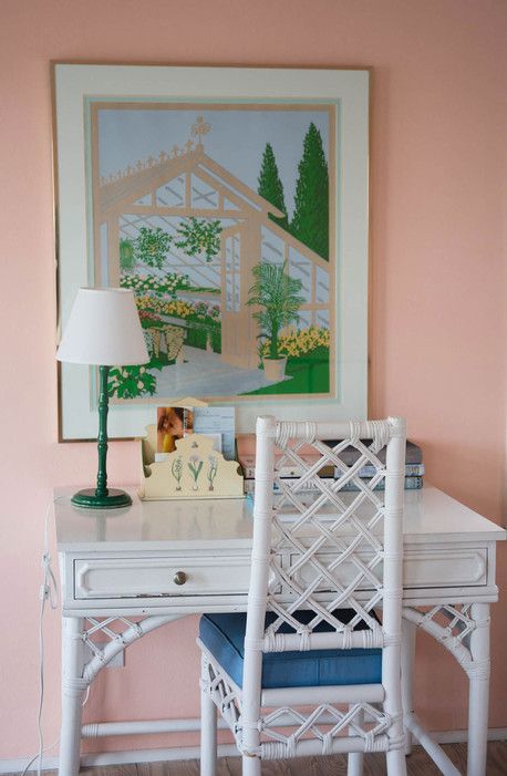 A wicker desk and pastel watercolor in Skerries Cottage at the Coral Beach & Tennis Club in Bermuda How To Wear Bermuda Shorts, Wicker Desk, Pink Sand Beaches, Bermuda Wedding, Coral Beach, Harbor Town, Palm Green, Pink Sand Beach, Cape Hatteras