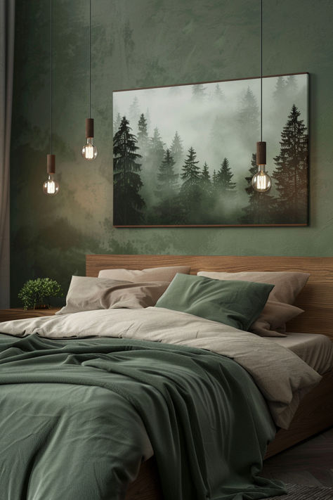 bedroom inspo, bedroom ideas, green bedroom, forest bedroom, forest themed bedroom Misty Forest Wallpaper Bedroom, Treehouse Room Aesthetic, Northwoods Bedroom Ideas, Bedroom Decor Forest Green, Wabi Sabi Green Bedroom, Artworks For Bedroom, Woodsy Master Bed, Forest Inspired Home Decor, Rustic Forest Bedroom