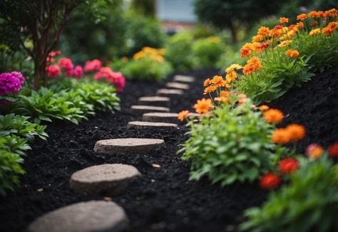 Black Mulch Garden Ideas: Fresh Ways to Enhance Your Yard - Dope Gardening Black Mulch Garden, Mulch Garden Ideas, Garden Ideas Nz, Mulch Garden, Wood Pathway, Mulch Around Trees, Full Sun Garden, Herb Spiral, Garden Mulch