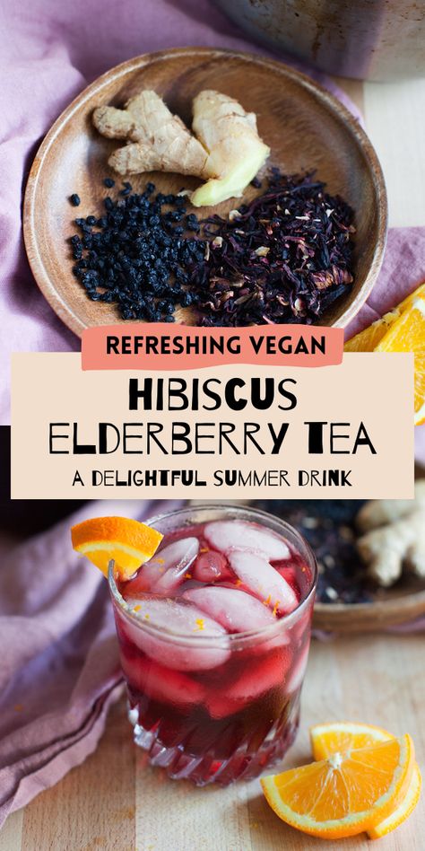 This is so perfect and refreshing in the warmer months. Elderberry is a tasty and natural immune boosting herb, so it's healthy, too. #veganrecipes #summerrecipes #drinkrecipes Elderberry Wellness Shots, Hibiscus Tea Blend Recipe, Roselle Recipes, Herbal Eats, Diy Teas, Echinacea Tea Recipes, Apothecary Recipes, Medicinal Teas, Roselle Tea