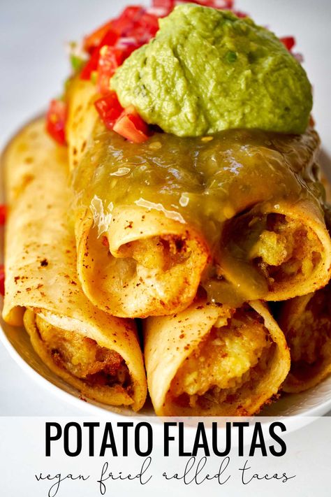 Potato Flautas Mashed Potato Flautas, Potato Taquitos Vegan, Vegetarian Flautas Recipe, Flautas Recipe Vegetarian, Mashed Potato Burrito, Potato And Cheese Flautas, Potatoes For Tacos, Latin Potato Recipes, Mexican Dish With Potatoes