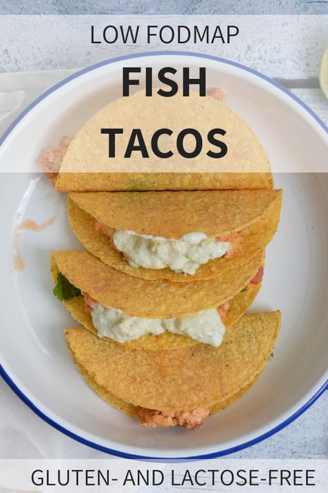 Low FODMAP fish taco's with tilapia fillet, pico de gallo and avocado-yoghurt dip #FODMAP #glutenfree #lactosefree Low Fodmap Fish Tacos, Fodmap Tacos, Ibs Diet Recipes, Tilapia Fillet, Fodmap Dinner, Fodmap Lunch, Spicy Fish Tacos, Fodmap Food, Fodmap Friendly Recipes