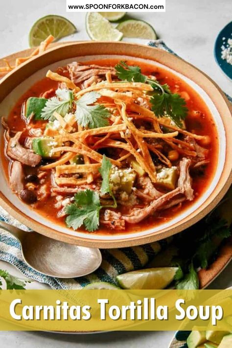 Pork Recipes Mexican, Soup Recipes Pork, Spoon Fork Bacon, Recipes Pork, Pork Soup, Recipes Mexican, Fried Tortillas, Tortilla Soup Recipe, Tomato Broth