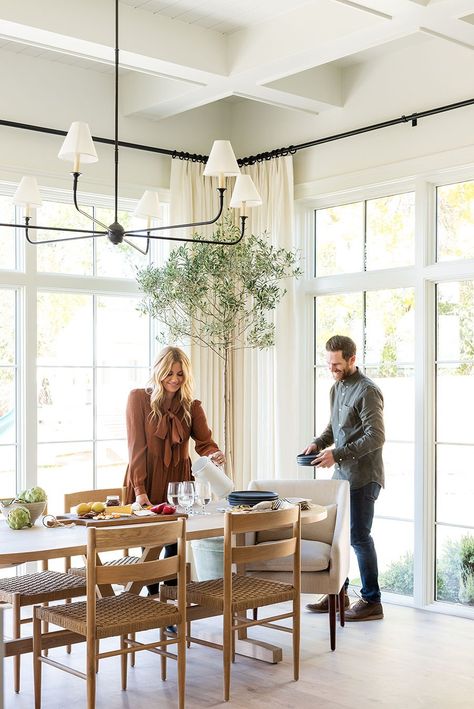 Big Window Dining Room, Dining Room With View, Studio Mcgee Ceiling Lights, Dining Room With Large Window, Dining Room With Big Windows, Studio Mcgee Dining, Lake House Living, Sunroom Dining, Modern Lake House