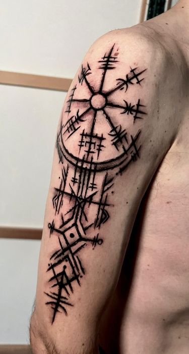 Edge Tattoo, Calf Tattoo Ideas, Moving On Tattoos, Norse Mythology Tattoo, Viking Vegvisir, Pagan Tattoo, Viking Tattoo Symbol, Hoof Print, Rune Tattoo