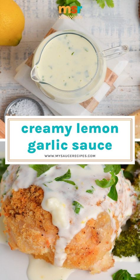 Silky smooth and perfect for noodles, meats, veggies, or even taking breakfast to the next level, you will love this Lemon Garlic Cream Sauce! Lemon Cream Sauce, Lemon Garlic Butter Sauce, Bbq Sauce Homemade Easy, Pesto Sauce Recipe, Lemon Garlic Sauce, Basil Pesto Sauce, Lemon Cream Sauces, Garlic Cream Sauce, Homemade Chinese Food