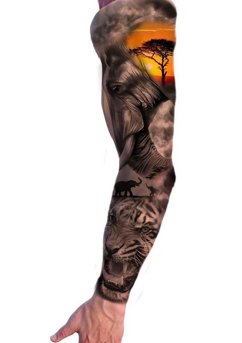 Safari Themed Tattoo Sleeve, Safari Arm Sleeve Tattoo, Jungle Theme Tattoo Sleeve, Safari Tattoo, Mens Full Sleeve Tattoo, African Sleeve Tattoo, Animal Sleeve Tattoo, Animal Sleeve, Nature Tattoo Sleeve