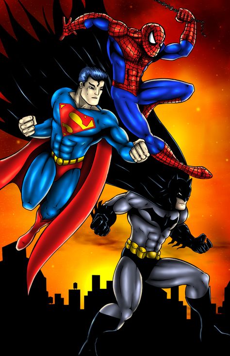 Spiderman Superman Batman by ~Foongatz on deviantART Superhero Wallpaper Hd, Robin Pictures, Marvel And Dc Crossover, Superman And Spiderman, Superman X, Superman Wallpaper, Superman Movies, Spaider Man, Batman Spiderman