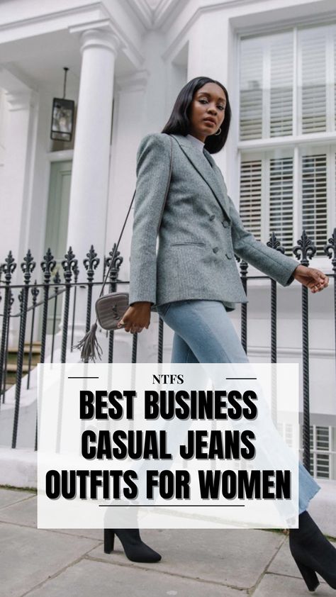 Upgrade your work wardrobe with these stylish business casual jean outfits for women. Stay comfortable and professional with these versatile looks! #businesscasual #jeansoutfits #workattire #womenfashion #styletips Denim Business Casual Outfits For Women, Dark Denim Jeans Outfit Work, Wide Leg Jeans Business Casual, Business Casual Outfits Winter 2024, Jeans At Work Outfits, Casual Jeans Outfits For Women, Jeans For Work Business Casual, Office Jeans Outfit, Business Casual Jeans Outfits For Work