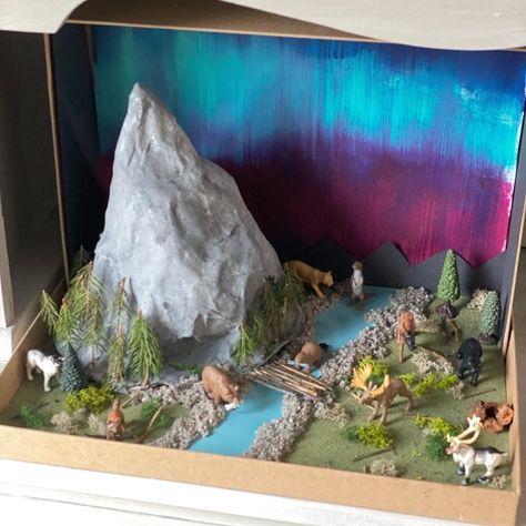 Artic Habitat Diorama, Mountain Habitat Project, Alpine Tundra Biome Project, Biome Projects Middle School, Diorama Mountain Ideas, Nature Diorama Ideas, Mountain Diaroma, Wolf Diaroma, Wolf Diorama Ideas