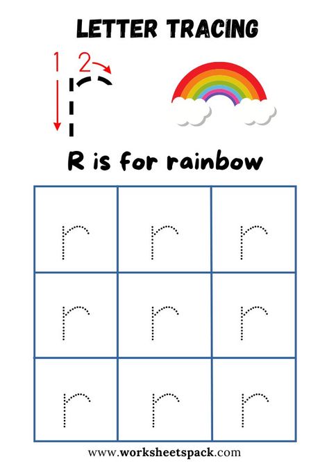 R is for rainbow alphabet r tracing worksheets pack. Letter R Tracing, Rainbow Worksheet, R Is For Rainbow, Lowercase Letters Printable, Letter R Activities, Small Alphabet Letters, Letter Writing Practice, Tracing Worksheets Free, Beginning Sounds Worksheets