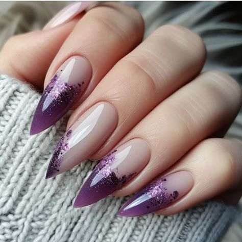 Purple Stiletto Nails, Clear Glitter Nails, Dark Purple Nails, Stiletto Nails Short, Purple Ombre Nails, Fancy Nails Designs, Ombre Acrylic Nails, Her Nails, Nail Style