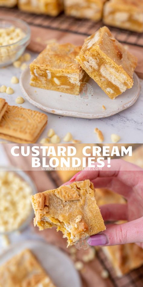 British Biscuit Recipes, Jane Patisserie, Sweet Slices, Custard Creams, Gourmet Brownies, Blondie Recipes, Custard Cake Recipes, Blondie Recipe, Janes Patisserie