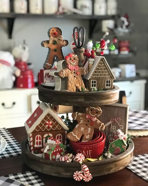 Gingerbread Tiered Tray Ginger Bread Tiered Tray, Gingerbread Decor Ideas, Tier Tray Decor Ideas, Gingerbread Tiered Tray Decor, Gingerbread Tiered Tray, Christmas Tray Decor, Christmas Tier Tray, Gingerbread Kitchen, Tray Decor Ideas