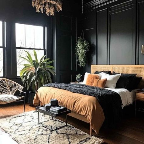 20 Inspiring Black Bedroom Ideas for a Sophisticated Look Black Accent Wall Bedroom Ideas, Accent Wall Bedroom Ideas, Black Accent Wall Bedroom, Fox Bedroom, Black Bedroom Ideas, Dark Accent Walls, Light Colored Furniture, Black Accent Walls, Black Bed Frame