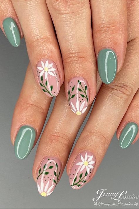 Embrace Spring's Blooming Beauty with Serene Sage Green and Pastel Pink Oval Nails. Click here to explore the delicate floral art adorning these fresh and feminine almond-shaped nails, complete with dainty white daisies and subtle green foliage. 🌸🍃 // Photo Credit: Instagram @pinkysnailsandbeauty Nail Design Gold, Sage Green Nails, Nails With White, Cute Spring Nails, Purple Nail, Colorful Nails, Cute Nail Ideas, Cute Gel Nails, Nails And Toes