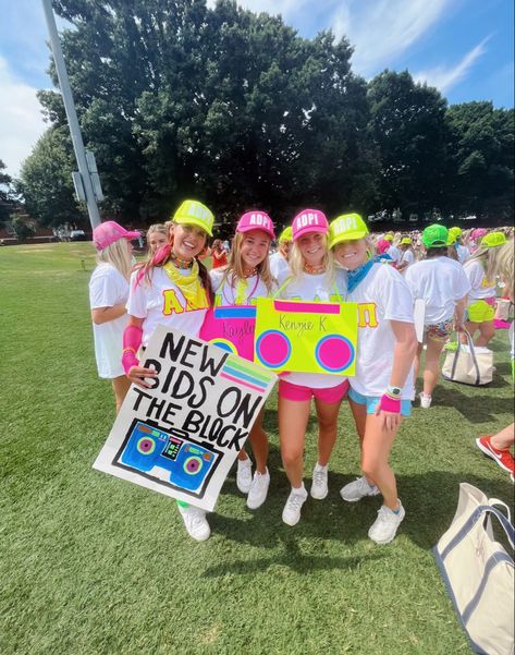 #rush #newbidsontheblock #southern #sorority #bidday 80s Sorority Theme, New Bids On The Block Bid Day, New Bids On The Block, Sorority Themes, Recruitment Ideas, Rush Week, Sorority Bid Day, Bid Day Themes, Spring 2025