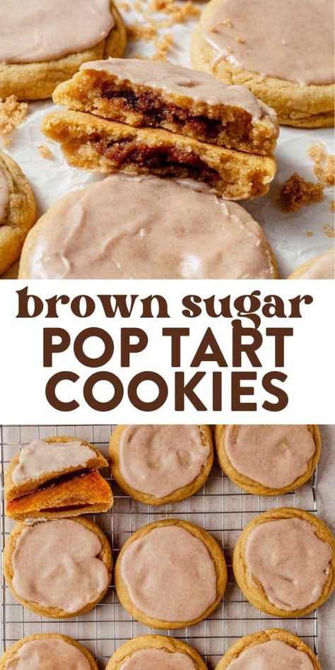 Each bite of these brown sugar pop tart cookies reveals a soft, cake-like texture with a gooey brown sugar-cinnamon filling. Top it with the classic pop tart icing for a throw back cookie that will remind you of childhood. Pop Tart Cookies, Cafe Cottagecore, Cottagecore Bakery, Dessert For Family, Mm Cookies, Brown Sugar Pop Tarts, Tart Cookies, Brown Sugar Cookie Recipe, Jul Kaka