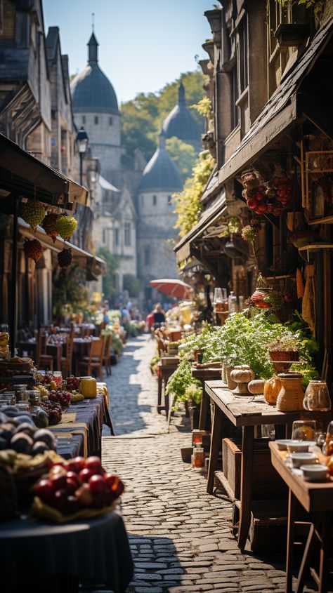 Medieval market on a street Town Market Aesthetic, Village Market Aesthetic, European Town Square, Old Market Aesthetic, Midevil Town Aesthetic, Medival Towns Cities, Midevil Market, Medieval Market Aesthetic, Village Aesthetic Medieval