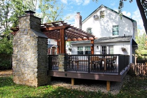 Fireplace On Wood Deck, Built In Grill On Trex Deck, Fireplace On Deck, Deck With Fireplace, Grey Stone Fireplace, Outdoor Deck Decorating, Backyard Entertainment, Yard Oasis, Deck Pergola