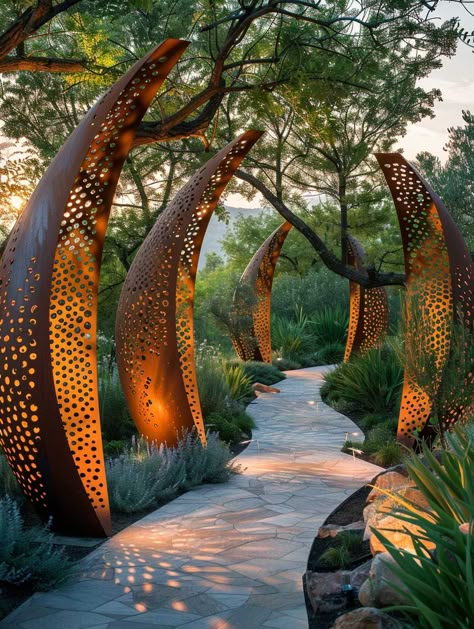 Integrating Sculptural Elements into Modern Garden Design • 333+ Art Images Garden Path Entrance, Natural Light Design Architecture, Unique Garden Design, Outdoor Shed Decor, Garden Metal Art, Decorative Pathways, Land Art Ideas, Entrance Garden Ideas, Sculpture Garden Landscape