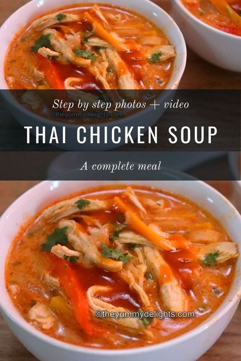 Close-up of thai chicken soup served in a white bowl. Tai Food Recipes, Chicken Coconut Milk, Curry Chicken Soup, Thai Red Curry Chicken, Thai Chicken Noodles, Soup With Coconut Milk, Healthy Chicken Soup, Thai Chicken Soup, Asian Soup Recipes