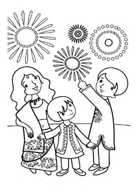 A Family Celebrate Diwali Coloring Page - NetArt Diwali Coloring Pages, Diwali Colours, Diwali For Kids, Diwali Activities, Diwali Drawing, Printable Flower Coloring Pages, Diwali Pictures, Easy Cartoon Drawings, Diwali Craft