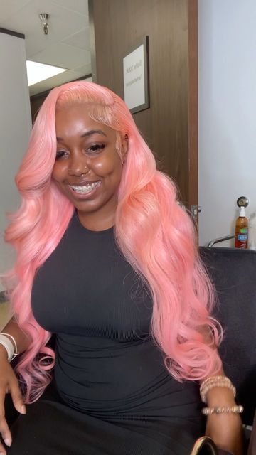 Pink Wig Install Black Women, Pink Updo Wig, Pink Lace Wig, Pink Hairstyles, Peach Hair Colors, Frontal Wig Hairstyles, Creative Hair Color, Wig Install, Frontal Hairstyles