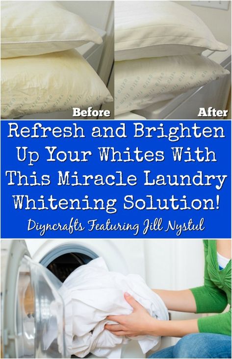 I always have struggled to wash my whites and keep them white. Over time they all turn yellow, and then they start to look old and just sort of dodgy all around. Nowhere is this problem worse than with pillows. I guess that makes sense; you sweat on them and they get all gross. Trying to turn them white again seems impossible, even with the most expensive whitening agents from the store. Dingy Whites Brighten, Dingy Whites, Brighten Whites, Clothes Tips, Old Pillows, White Clothes, Look Older, Amazing Diy, White Pillows