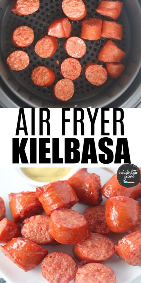 Polish sausage in the air fryer Pinterest pin image Kielbasa Recipes Air Fryer, Air Fryer Kielbasa, Turkey Kielbasa Recipes, Turkey Kielbasa, How To Cook Kielbasa, Fried Sausage, Kielbasa Recipes, Recipes Air Fryer, Air Fryer Cooking Times