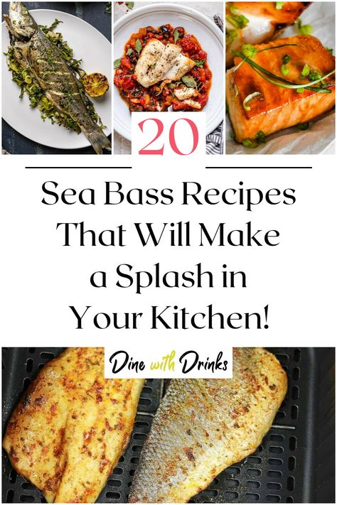 Collage of 4 sea bass recipes. Easy Sea Bass Recipes, Baked Sea Bass Recipes, Sea Bass Recipes Healthy Baked Fish, Cooking Sea Bass Fish, Striped Sea Bass Recipes, Pan Seared Sea Bass, Bass Recipes, Baked Sea Bass, Sea Bass Recipes