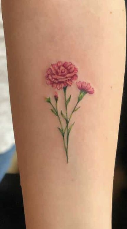 Purple Carnation Tattoo, Red Carnation Tattoo, Pink Carnation Tattoo, Carnation Tattoo Design, 05 Tattoo, Nice Tatoos, Wrist Tats, Dainty Flower Tattoos, Tattoos For Ladies