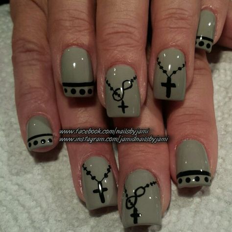 #nails                                                                                                                                                                                 More Nail Art Designs Cross, Rosary Nail Art, Cross Nail Art Designs, Cross Nail Designs Faith, Nail Designs With Crosses, Cross On Nails, Western Nails Fall, Christian Nails Designs, Nails With A Cross