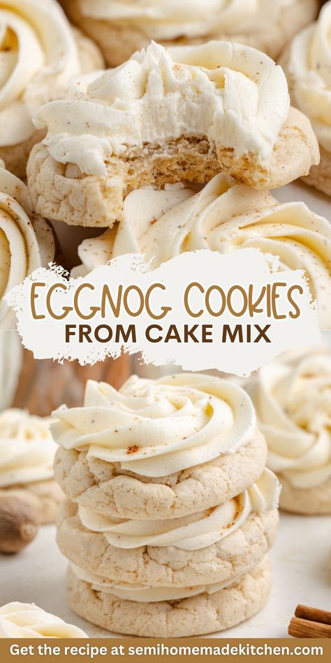 These soft and chewy eggnog cookies are an easy holiday treat made with cake mix. Topped with a rich eggnog buttercream, they're the perfect way to enjoy festive flavors without spending hours in the kitchen. Gf Cake, Eggnog Cake, Eggnog Cookies, Cookies Holiday, Cake Mixes, Cake Mix Cookie Recipes, Egg Nog, Cookies Cake, Cake Mix Recipes