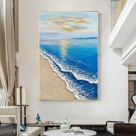 Buy Blue Sea Waves Beige Beach Sunrise 3D Textured Seascape Painting, Original Abstract Seascape Art, Coastal Beach Ocean Oversize Wall Decor Online in India - Etsy Beige Beach, Oversized Wall Decor, Unstretched Canvas, Abstract Seascape, Beach Sunrise, Seascape Art, Sunrise Beach, Sea Art, Coastal Beaches