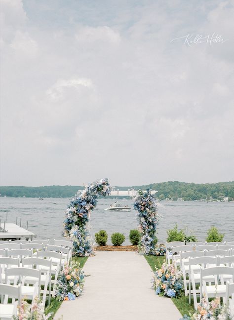 blue lakeside wedding Coastal Wedding Arch, Backyard Lake Wedding, Two Cute Dogs, Lakeside Wedding Ceremony, Blue Wedding Details, Dock Wedding, Film Photography Wedding, Wedding Michigan, Red Sports Car