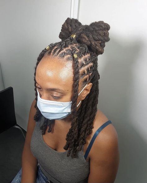 Pigtail Hairstyles Locs, Barrel Twist Locs Women Ponytail, Girl Dreads Styles, Dreadlocks Hairstyles For Ladies, Long Dreadlock Styles For Women, Long Dreads Styles For Women, Locs In Pigtails, Cute Loc Styles For Women, Women With Wick Locs