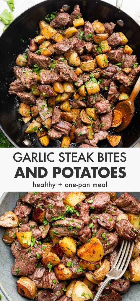 Garlic Butter Steak Bites and Potatoes Butter Steak Bites And Potatoes, Steak Bites And Potatoes, Tender Steak Bites, Ways To Cook Steak, Garlic Butter Steak Bites, Butter Steak Bites, Steak Dinner Recipes, Garlic Steak, Tasty Food Recipes