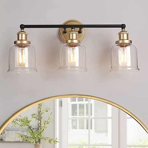 Dome Bathroom, Black And Brass Bathroom, Modern Bathroom Light Fixtures, Gold Light Fixture, Black And Gold Bathroom, Farmhouse Light, Modern Vanity Lighting, Light Fixtures Bathroom Vanity, Modern Bathroom Lighting