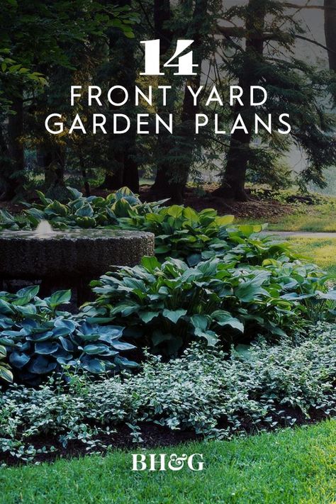 Hosta Gardens Layout Front Yard, Plants Around Fountain, Hostas Landscaping Front Yards, Bhg Garden Plans, Shady Front Yard Landscaping, Shade Landscaping Front Yard, Hosta Gardens Layout, Hosts Garden, Front Yard Garden Ideas