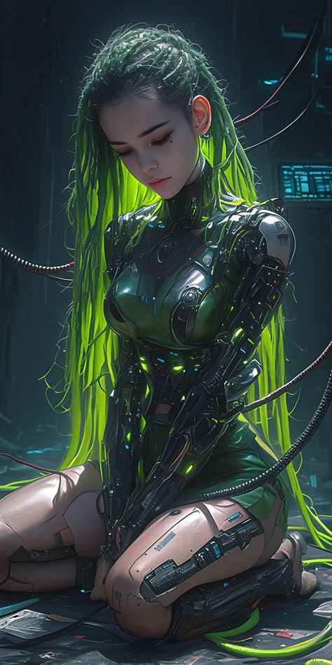 Cyberpunk Aesthetic Character, Cyberpunk Character Ideas, Cyberpunk Woman Art, Netrunner Cyberpunk, Shadowrun Character Art, Cyberpunk Art Girl, Cyberpunk Character Art Female, Green Cyberpunk, Female Cyberpunk