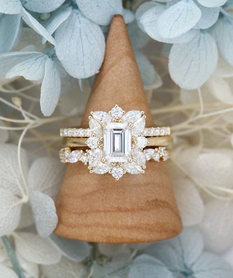 Emerald cut Moissanite engagement ring set yellow gold Unique | Etsy Bride Glam, Cluster Engagement Ring Vintage, Emerald Cut Moissanite Engagement Ring, Anniversary Ring Set, Moissanite Engagement Ring Set, Cute Engagement Rings, Future Engagement Rings, Yellow Engagement Rings, Emerald Cut Moissanite