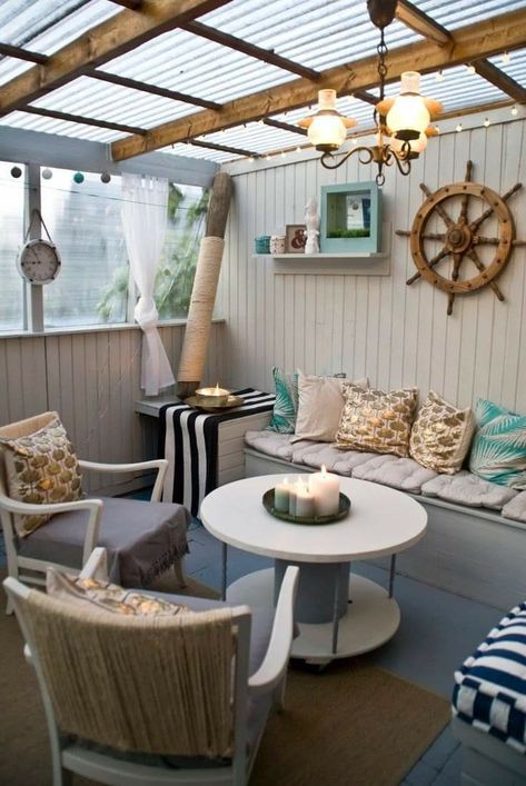 Beach Theme Backyard, Beach Patio, Backyard Beach, Funky Junk Interiors, Summer Patio, Young House Love, Apartment Patio Decor, Patio Decorating Ideas On A Budget, Beach Cottage Decor