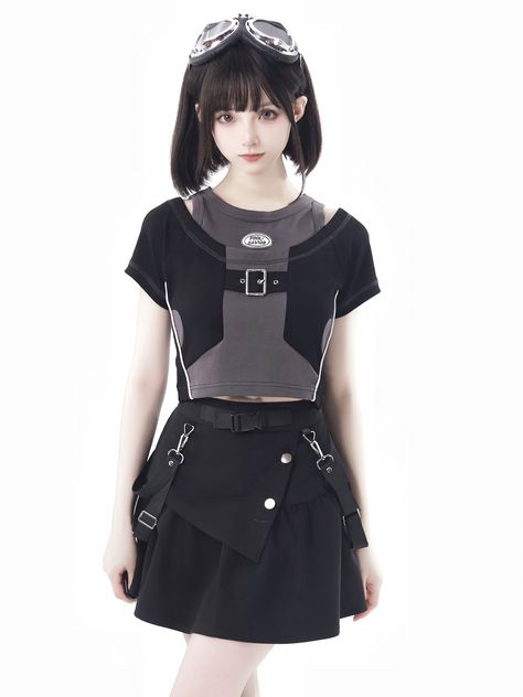 SizeSMLFull Length404244Bust808488Sleeve Length161718 Techwear Skirt, Women Preppy Style, Steampunk Fashion Female, Black Skirt Suit, Gothic Skirt, Cloth Design, Chiffon Shorts, Polo T Shirt, Cropped T Shirt