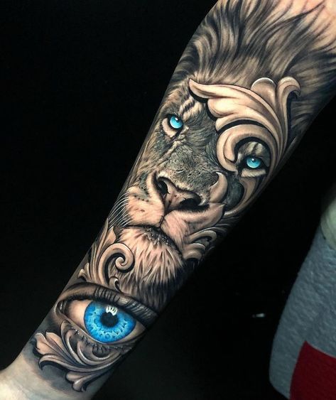 Em Morris en Instagram: “Amazing blue eyes lion eye arm tattoo by awesome artist Douglas Shaz @doouglastattoo ! @inkedmag @worldofartists @inksav @liontattoos @ink��” Eye Tattoo Meaning, Tato Maori, Lion Forearm Tattoos, Lion Tattoo Sleeves, Wolf Tattoo Sleeve, Realistic Tattoo Sleeve, Lion Head Tattoos, Men Tattoos Arm Sleeve, Forarm Tattoos