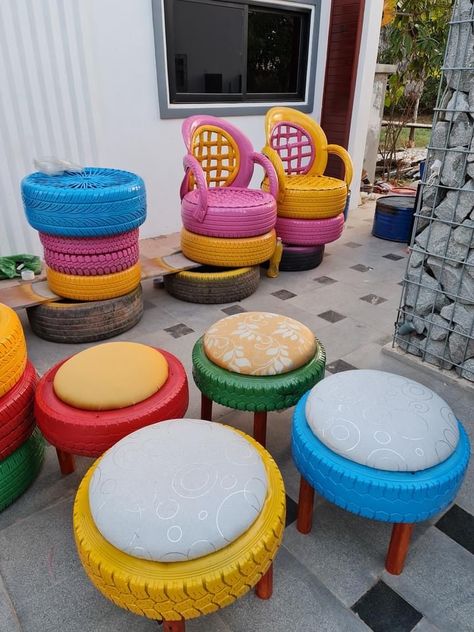 Tyre Seating Ideas, Tyre Painting Ideas, Tyre Seats, Kursi Ban, Recycled Tyres, Repurposed Tire, Tire Ideas, Diy Tire, Tire Table