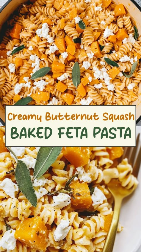 Indulge in the ultimate comfort food with this delicious recipe for Butternut Squash Baked Feta Pasta. The creamy butternut squash pairs perfectly with the tangy feta cheese, creating a flavorful and satisfying dish that is sure to become a family favorite. The rich flavors of roasted squash and melted cheese combine to create a mouthwatering pasta dish that is perfect for any occasion. Butternut Squash Pasta Vegetarian, Butternut Feta Pasta, Butternut Squash Baked Feta Pasta, Butternut Squash Pasta Bake, Butternut Squash And Pasta Recipes, Butternut Pasta Recipes, Butternut Squash Feta Pasta, Squash With Pasta, Squash Feta Pasta